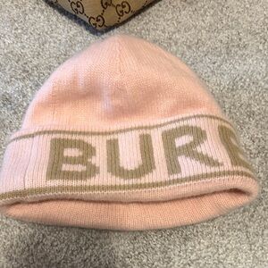 Burberry Beanie in Soft Pink and Tan.